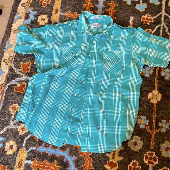 Vintage gingham button down teal buffalo plaid XL short sleeves - Picture 1 of 6
